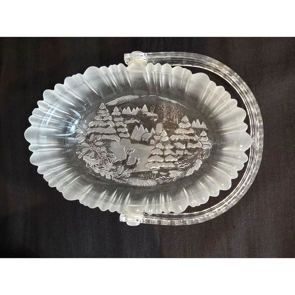 Vintage Mikasa Winter Dreams Frosted Glass Basket 90s Holiday Christmas Decor